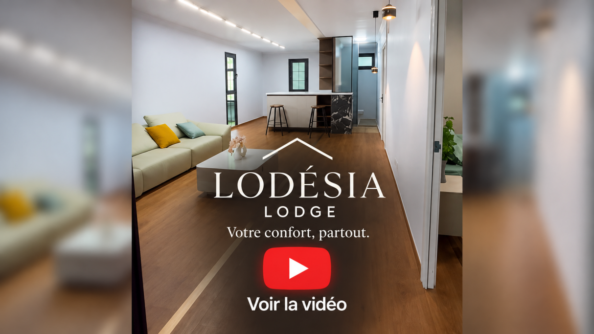 Maison conteneur extensible : salon aménagé et cuisine ouverte | Lodesia