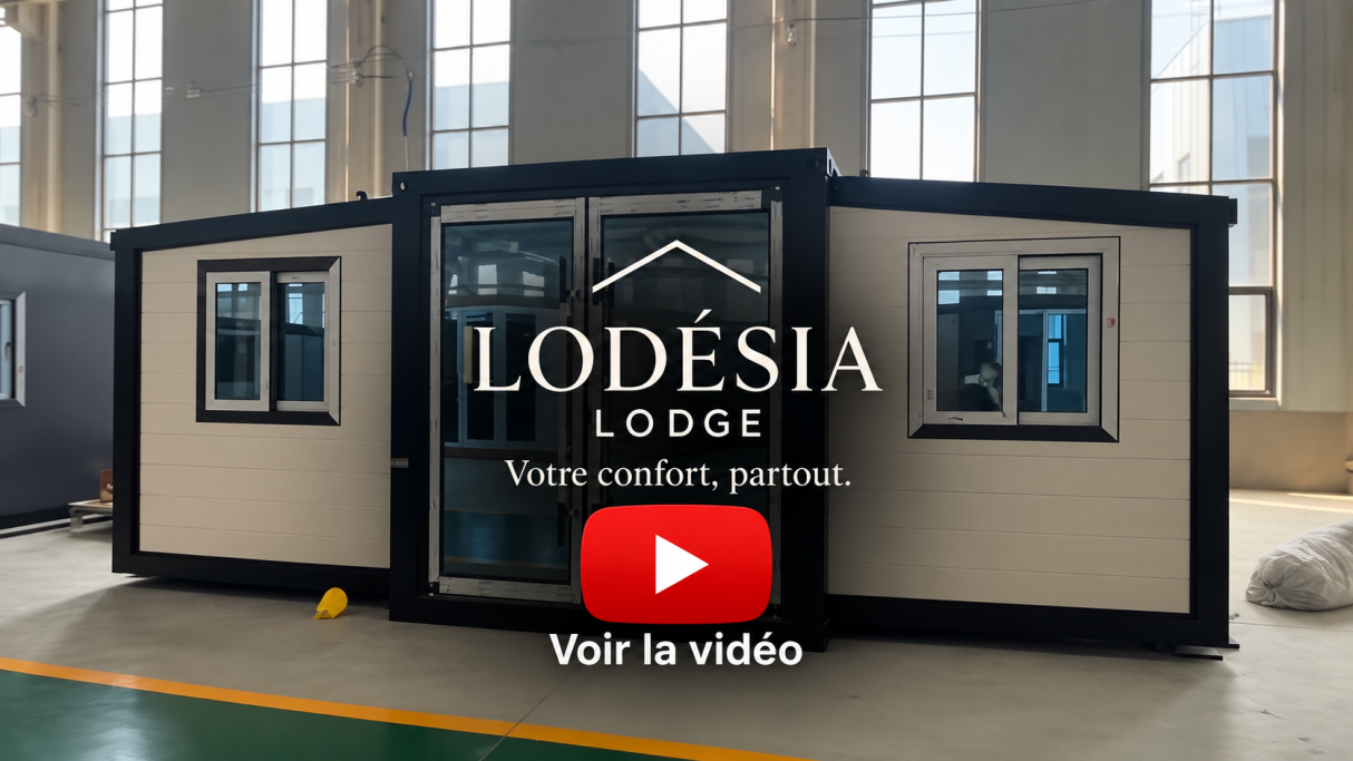 Maison conteneur extensible : façade claire et entrée vitrée | Lodesia